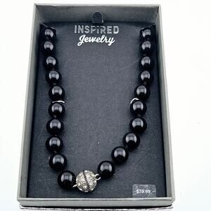 Magnetic Clasp Round Black Bead Necklace Silver Stardust Center Chunky Timeless